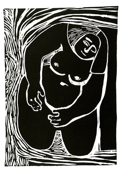 Artist: b'LAWTON, Tina' | Title: b'(Kneeling woman)' | Date: c.1963 | Technique: b'linocut, printed in black ink, from one block' Artist: b'LAWTON, Tina' | Title: b'(Kneeling woman)' | Date: c.1963 | Technique: b'linocut, printed in black ink, from one block'