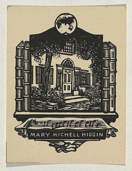 Artist: b'FEINT, Adrian' | Title: b'Bookplate: Mary Michell Higgin.' | Date: 1944 | Technique: b'wood-engraving, printed in black ink, from one block' | Copyright: b'Courtesy the Estate of Adrian Feint' Artist: b'FEINT, Adrian' | Title: b'Bookplate: Mary Michell Higgin.' | Date: 1944 | Technique: b'wood-engraving, printed in black ink, from one block' | Copyright: b'Courtesy the Estate of Adrian Feint'