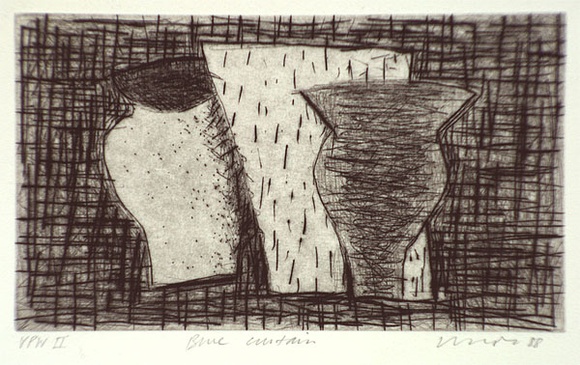 Artist: b'Lincoln, Kevin.' | Title: b'Blue curtain' | Date: 1988, June | Technique: b'drypoint, printed in black ink, from one copper plate' Artist: b'Lincoln, Kevin.' | Title: b'Blue curtain' | Date: 1988, June | Technique: b'drypoint, printed in black ink, from one copper plate'