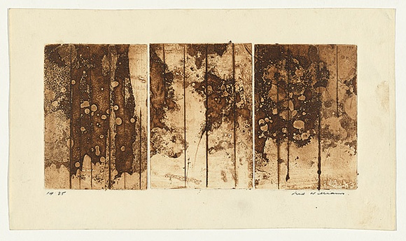 Artist: b'WILLIAMS, Fred' | Title: b'Landscape triptych. Number 1' | Date: 1962 | Technique: b'aquatint, engraving and drypoint, printed in brown ink, from three plates' | Copyright: b'\xc2\xa9 Fred Williams Estate' Artist: b'WILLIAMS, Fred' | Title: b'Landscape triptych. Number 1' | Date: 1962 | Technique: b'aquatint, engraving and drypoint, printed in brown ink, from three plates' | Copyright: b'\xc2\xa9 Fred Williams Estate'