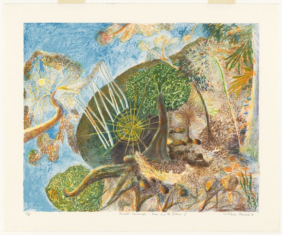 Artist: b'Robinson, William.' | Title: b'Creation landscape - Man and the Spheres I' | Date: 1991, September, October, November | Technique: b'lithographs, printed in colour'