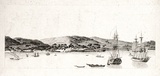 Title: Timor, Vue de la Rade, de la Ville et du Fort de Coupang (Kupang) [Timor, view of the harbour, of the town and of the fort of Kupang] | Date: 1807 | Technique: engraving, printed in black ink, from one copper plate