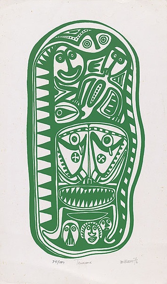 Artist: b'Lasisi, David.' | Title: b'Taumirmir' | Date: 1976 | Technique: b'screenprint, printed in green ink, from one stencil' Artist: b'Lasisi, David.' | Title: b'Taumirmir' | Date: 1976 | Technique: b'screenprint, printed in green ink, from one stencil'