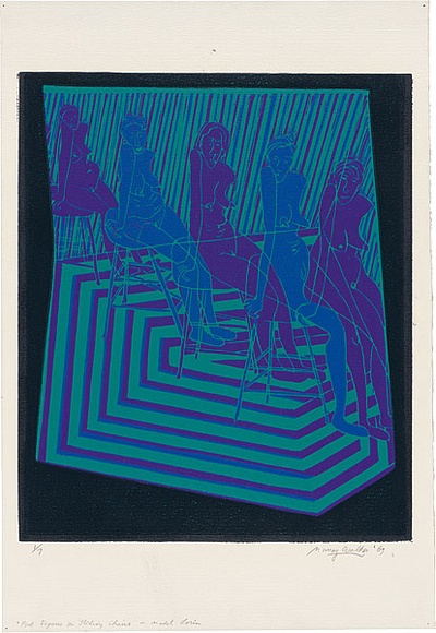 Artist: b'WALKER, Murray' | Title: b'Five figures on sliding chairs.' | Date: 1969 | Technique: b'linocut, printed in colour, from multiple blocks' Artist: b'WALKER, Murray' | Title: b'Five figures on sliding chairs.' | Date: 1969 | Technique: b'linocut, printed in colour, from multiple blocks'