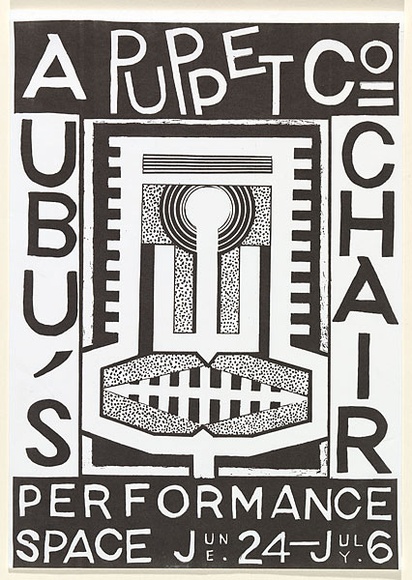 Artist: b'Twigg, Tony.' | Title: bA puppet company, Ubu's chair performance, Sydney | Date: 1986 | Technique: b'screenprint, printed in black ink, from one stencil' | Copyright: b'\xc2\xa9 Tony Twigg. Licensed by VISCOPY, Australia' Artist: b'Twigg, Tony.' | Title: bA puppet company, Ubu's chair performance, Sydney | Date: 1986 | Technique: b'screenprint, printed in black ink, from one stencil' | Copyright: b'\xc2\xa9 Tony Twigg. Licensed by VISCOPY, Australia'