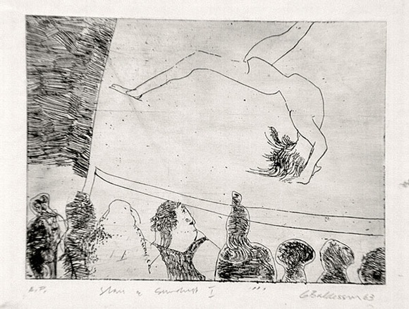 Artist: b'BALDESSIN, George' | Title: b'Stars and sawdust I.' | Date: 1963 | Technique: b'etching, printed in black ink, from one plate' Artist: b'BALDESSIN, George' | Title: b'Stars and sawdust I.' | Date: 1963 | Technique: b'etching, printed in black ink, from one plate'