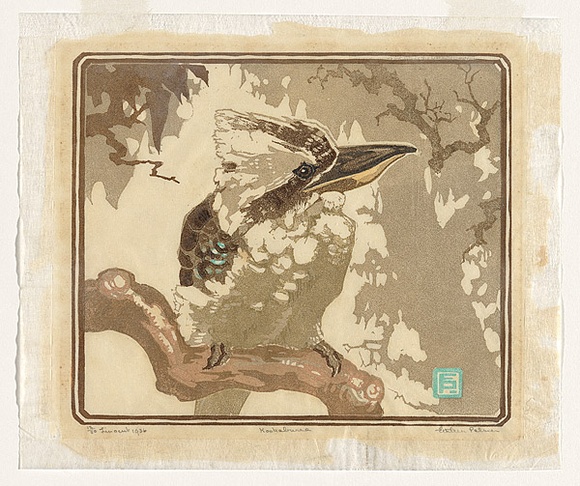 Artist: b'Palmer, Ethleen.' | Title: b'Kookaburra' | Date: 1936 | Technique: b'linocut, printed in colour, from multiple blocks' Artist: b'Palmer, Ethleen.' | Title: b'Kookaburra' | Date: 1936 | Technique: b'linocut, printed in colour, from multiple blocks'