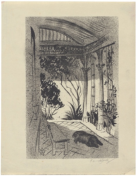 Artist: b'Jack, Kenneth.' | Title: b'(Sleeping dog on veranda).' | Date: 1953 | Technique: b'lithograph, printed in black ink, from one zinc plate' | Copyright: b'\xc2\xa9 Kenneth Jack. Licensed by VISCOPY, Australia' Artist: b'Jack, Kenneth.' | Title: b'(Sleeping dog on veranda).' | Date: 1953 | Technique: b'lithograph, printed in black ink, from one zinc plate' | Copyright: b'\xc2\xa9 Kenneth Jack. Licensed by VISCOPY, Australia'