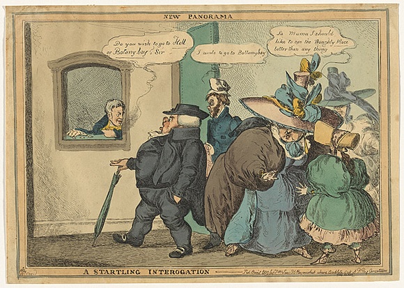 Title: b'New panorama, a startling interrogation' | Date: 1829 | Technique: b'engraving, printed in black ink from, from one copper plate: hand-coloured' Title: b'New panorama, a startling interrogation' | Date: 1829 | Technique: b'engraving, printed in black ink from, from one copper plate: hand-coloured'