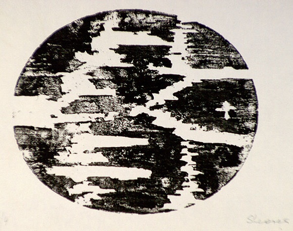 Artist: b'Shearer, Mitzi.' | Title: b'not titled [oval]' | Date: 1977 | Technique: b'woodcut, printed in black ink, from one block'