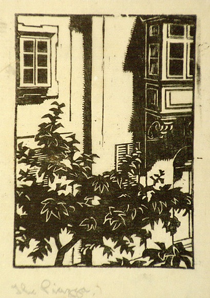 Artist: b'Hawkins, Weaver.' | Title: b'The Piazza' | Date: c.1930 | Technique: b'woodcut, printed in black ink, from one block' | Copyright: b'The Estate of H.F Weaver Hawkins' Artist: b'Hawkins, Weaver.' | Title: b'The Piazza' | Date: c.1930 | Technique: b'woodcut, printed in black ink, from one block' | Copyright: b'The Estate of H.F Weaver Hawkins'