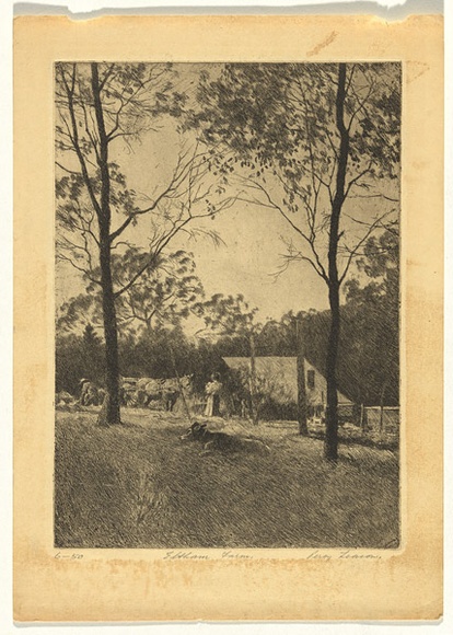 Artist: b'Leason, Percy.' | Title: b'Eltham Farm' | Date: (1920s) | Technique: b'etching, printed in black ink with plate-tone, from one plate' | Copyright: b'Permission granted in memory of Percy Leason' Artist: b'Leason, Percy.' | Title: b'Eltham Farm' | Date: (1920s) | Technique: b'etching, printed in black ink with plate-tone, from one plate' | Copyright: b'Permission granted in memory of Percy Leason'