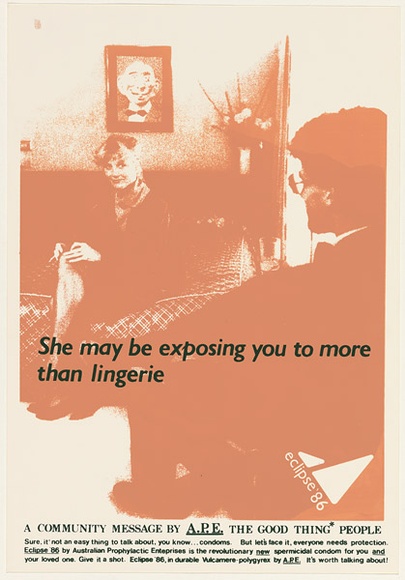 Artist: b'UNKNOWN' | Title: b'She may be exposing you to more than lingerie' | Date: 1988 | Technique: b'screenprint, printed in colour, from multiple stencils' Artist: b'UNKNOWN' | Title: b'She may be exposing you to more than lingerie' | Date: 1988 | Technique: b'screenprint, printed in colour, from multiple stencils'
