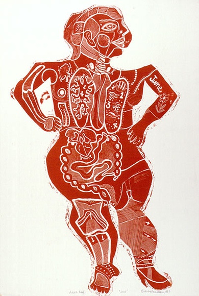 Artist: b'HANRAHAN, Barbara' | Title: b'June' | Date: 1965 | Technique: b'linocut, printed in orange ink, from one block' Artist: b'HANRAHAN, Barbara' | Title: b'June' | Date: 1965 | Technique: b'linocut, printed in orange ink, from one block'