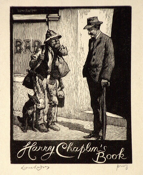 Artist: b'LINDSAY, Lionel' | Title: bBook plate: Harry Chaplin's Book | Date: 1950 | Technique: b'wood-engraving, printed in black ink, from one block' | Copyright: b'Courtesy of the National Library of Australia' Artist: b'LINDSAY, Lionel' | Title: bBook plate: Harry Chaplin's Book | Date: 1950 | Technique: b'wood-engraving, printed in black ink, from one block' | Copyright: b'Courtesy of the National Library of Australia'