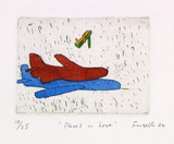 Artist: Fransella, Graham. | Title: 'Planes in love'. | Date: 1980 | Technique: etching, aquatint and foul biting, printed in black ink, from one plate; hand-coloured | Copyright: Courtesy of the artist