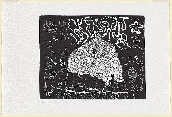 Artist: b'Gilbert, Kevin.' | Title: bMy father's studio | Date: 1965 | Technique: b'linocut, printed in black ink, from one block' Artist: b'Gilbert, Kevin.' | Title: bMy father's studio | Date: 1965 | Technique: b'linocut, printed in black ink, from one block'