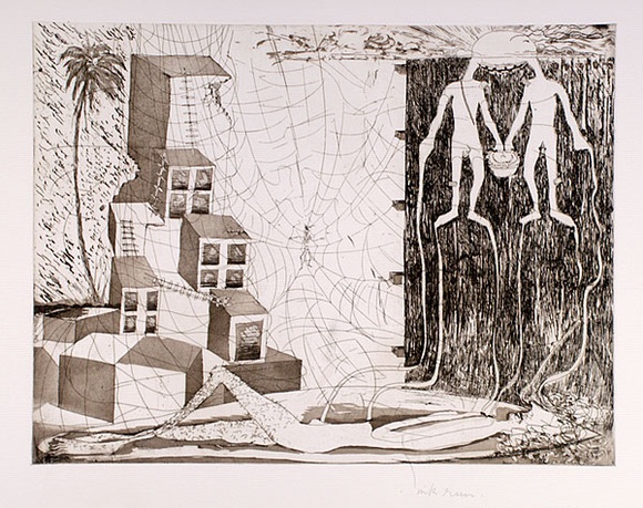 Artist: b'COLEING, Tony' | Title: b'Fingers out or fingers in?.' | Date: (1977) | Technique: b'etching, printed in brown ink, from one plate'