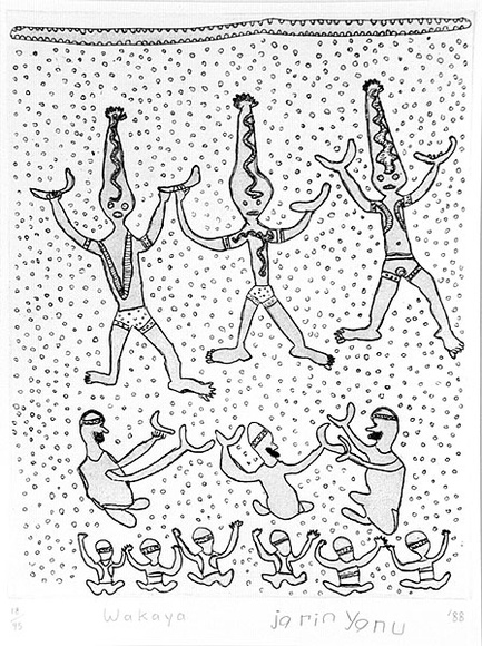 Artist: b'Downs, Jarinyanu David.' | Title: b'Wakaya' | Date: 1988 | Technique: b'etching and aquatint, printed in black ink, from one plate' Artist: b'Downs, Jarinyanu David.' | Title: b'Wakaya' | Date: 1988 | Technique: b'etching and aquatint, printed in black ink, from one plate'