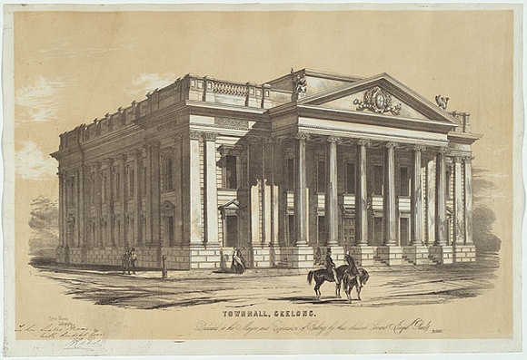 Artist: b'Mason, Cyrus.' | Title: b'Townhall, Geelong.' | Date: 1855 | Technique: b'lithograph, printed in colour, from two stones; black ink with cream tint stone' Artist: b'Mason, Cyrus.' | Title: b'Townhall, Geelong.' | Date: 1855 | Technique: b'lithograph, printed in colour, from two stones; black ink with cream tint stone'