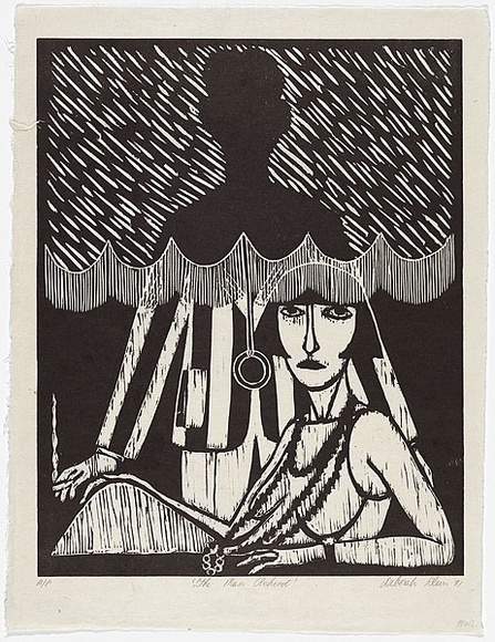 Artist: b'Klein, Deborah.' | Title: b'The man behind' | Date: 1991 | Technique: b'linocut, printed in black ink, from one block' Artist: b'Klein, Deborah.' | Title: b'The man behind' | Date: 1991 | Technique: b'linocut, printed in black ink, from one block'
