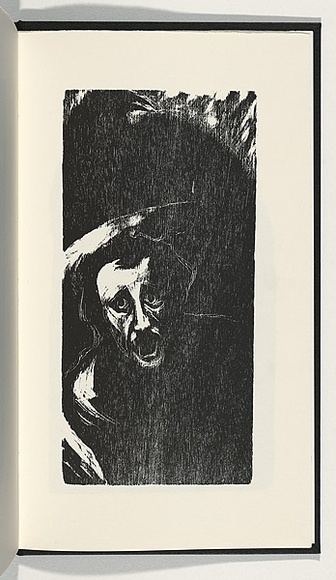 Artist: b'AMOR, Rick' | Title: b'Not titled (screaming male face with text verso).' | Date: 1990 | Technique: b'woodcut, printed in black ink, from one block' Artist: b'AMOR, Rick' | Title: b'Not titled (screaming male face with text verso).' | Date: 1990 | Technique: b'woodcut, printed in black ink, from one block'