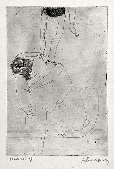 Artist: b'BALDESSIN, George' | Title: b'Acrobats.' | Date: 1964 | Technique: b'etching and foul biting, printed in black ink, from one plate' Artist: b'BALDESSIN, George' | Title: b'Acrobats.' | Date: 1964 | Technique: b'etching and foul biting, printed in black ink, from one plate'