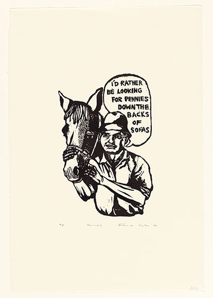 Artist: b'Carrington, Berenice.' | Title: b'Pennies' | Date: 1991 | Technique: b'linocut, printed in black ink, from one block' Artist: b'Carrington, Berenice.' | Title: b'Pennies' | Date: 1991 | Technique: b'linocut, printed in black ink, from one block'
