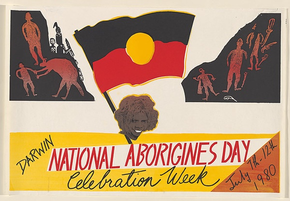 Artist: b'McMahon, Marie.' | Title: b'National Aborigines Day' | Date: 1980 | Technique: b'screenprint, printed in colour, from six stencils' | Copyright: b'\xc2\xa9 Raymond John Young' Artist: b'McMahon, Marie.' | Title: b'National Aborigines Day' | Date: 1980 | Technique: b'screenprint, printed in colour, from six stencils' | Copyright: b'\xc2\xa9 Raymond John Young'