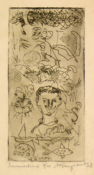Artist: b'ROSENGRAVE, Harry' | Title: b'Summertime' | Date: 1952 | Technique: b'etching, printed in black ink with plate-tone from one plate' Artist: b'ROSENGRAVE, Harry' | Title: b'Summertime' | Date: 1952 | Technique: b'etching, printed in black ink with plate-tone from one plate'