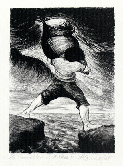 Artist: b'Connors, Anne.' | Title: b'Traveller with vase II.' | Date: 1988 | Technique: b'lithograph, printed in black ink, from one stone' Artist: b'Connors, Anne.' | Title: b'Traveller with vase II.' | Date: 1988 | Technique: b'lithograph, printed in black ink, from one stone'