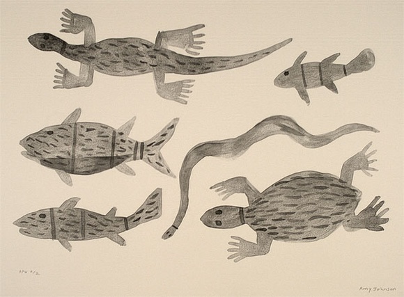 Artist: b'Jirwulurr Johnson, Amy.' | Title: b'not titled (fish, turtles, snake, lizard)' | Date: 2000, November | Technique: b'lithograph, printed in black ink, from one aluminium plate' Artist: b'Jirwulurr Johnson, Amy.' | Title: b'not titled (fish, turtles, snake, lizard)' | Date: 2000, November | Technique: b'lithograph, printed in black ink, from one aluminium plate'
