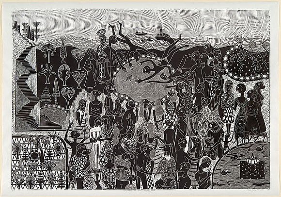 Artist: b'Zulumovski, Vera.' | Title: b'Epiphany at the Bogie Hole.' | Date: 1991 | Technique: b'linocut, printed in black ink, from one block' Artist: b'Zulumovski, Vera.' | Title: b'Epiphany at the Bogie Hole.' | Date: 1991 | Technique: b'linocut, printed in black ink, from one block'