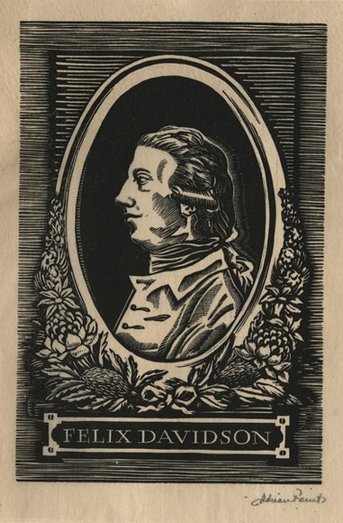 Artist: b'FEINT, Adrian' | Title: b'Bookplate: Felix Davidson.' | Date: (1934) | Technique: b'wood-engraving, printed in black ink, from one block' | Copyright: b'Courtesy the Estate of Adrian Feint' Artist: b'FEINT, Adrian' | Title: b'Bookplate: Felix Davidson.' | Date: (1934) | Technique: b'wood-engraving, printed in black ink, from one block' | Copyright: b'Courtesy the Estate of Adrian Feint'