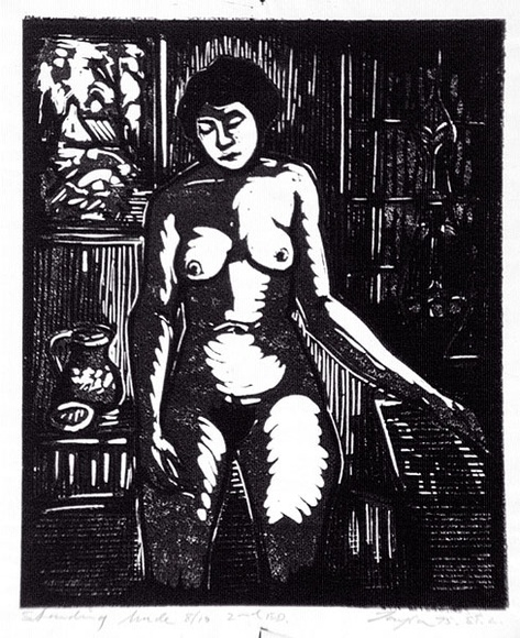 Artist: b'Taylor, John H.' | Title: b'Standing nude' | Date: 1975 | Technique: b'linocut, printed in black and grey, from two blocks' Artist: b'Taylor, John H.' | Title: b'Standing nude' | Date: 1975 | Technique: b'linocut, printed in black and grey, from two blocks'