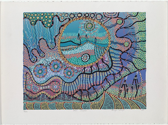 Artist: b'Bancroft, Bronwyn.' | Title: b'Koori creation.' | Date: 1991 | Technique: b'screenprint, printed in colour, from multiple screens' | Copyright: b'\xc2\xa9 Bronwyn Bancroft. Licensed by VISCOPY, Australia' Artist: b'Bancroft, Bronwyn.' | Title: b'Koori creation.' | Date: 1991 | Technique: b'screenprint, printed in colour, from multiple screens' | Copyright: b'\xc2\xa9 Bronwyn Bancroft. Licensed by VISCOPY, Australia'