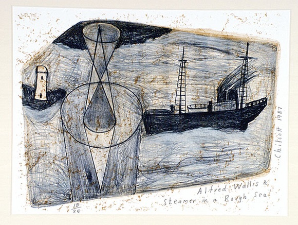 Artist: b'Chilcott, Gavin.' | Title: b'Alfred Wallis and steamer in a rough sea.' | Date: 1987 | Technique: b'lithograph, printed in colour, from multiple stones' Artist: b'Chilcott, Gavin.' | Title: b'Alfred Wallis and steamer in a rough sea.' | Date: 1987 | Technique: b'lithograph, printed in colour, from multiple stones'