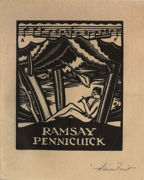 Artist: b'FEINT, Adrian' | Title: b'Bookplate: Ramsay Pennicuick.' | Date: (1927) | Technique: b'wood-engraving, printed in black ink, from one block' | Copyright: b'Courtesy the Estate of Adrian Feint' Artist: b'FEINT, Adrian' | Title: b'Bookplate: Ramsay Pennicuick.' | Date: (1927) | Technique: b'wood-engraving, printed in black ink, from one block' | Copyright: b'Courtesy the Estate of Adrian Feint'