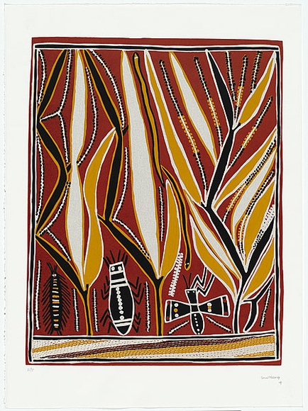 Artist: b'Malangi Daymirringu, David.' | Title: b'not titled' | Date: 1997, October | Technique: b'linocut, printed in colour, from multiple blocks' | Copyright: b'\xc2\xa9 David Malangi. Licensed by VISCOPY, Australia' Artist: b'Malangi Daymirringu, David.' | Title: b'not titled' | Date: 1997, October | Technique: b'linocut, printed in colour, from multiple blocks' | Copyright: b'\xc2\xa9 David Malangi. Licensed by VISCOPY, Australia'