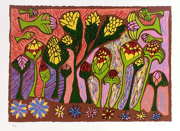 Artist: b'Pike, Jimmy.' | Title: b'Desert flowers, Partiri' | Date: 1987 | Technique: b'screenprint, printed in colour, from multiple stencils' Artist: b'Pike, Jimmy.' | Title: b'Desert flowers, Partiri' | Date: 1987 | Technique: b'screenprint, printed in colour, from multiple stencils'