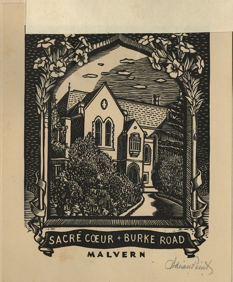 Artist: b'FEINT, Adrian' | Title: b'Bookplate: Sacre Coeur, Burke Road Malvern.' | Date: (1938) | Technique: b'wood-engraving, printed in black ink, from one block' | Copyright: b'Courtesy the Estate of Adrian Feint' Artist: b'FEINT, Adrian' | Title: b'Bookplate: Sacre Coeur, Burke Road Malvern.' | Date: (1938) | Technique: b'wood-engraving, printed in black ink, from one block' | Copyright: b'Courtesy the Estate of Adrian Feint'