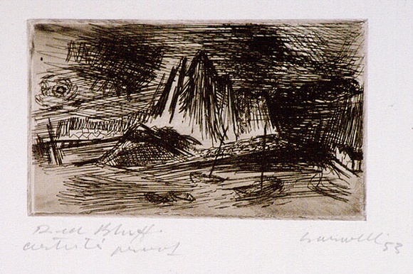 Artist: b'Barwell, Geoff.' | Title: b'Red Bluff.' | Date: 1953 | Technique: b'etching and drypoint, printed in sepia ink with plate-tone, from one plate' Artist: b'Barwell, Geoff.' | Title: b'Red Bluff.' | Date: 1953 | Technique: b'etching and drypoint, printed in sepia ink with plate-tone, from one plate'