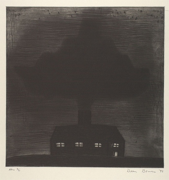 Artist: b'Bowen, Dean.' | Title: b'(House with chimney; smoke in shape of ship?)' | Date: 1992 | Technique: b'etching, printed in black ink, from one plate' Artist: b'Bowen, Dean.' | Title: b'(House with chimney; smoke in shape of ship?)' | Date: 1992 | Technique: b'etching, printed in black ink, from one plate'
