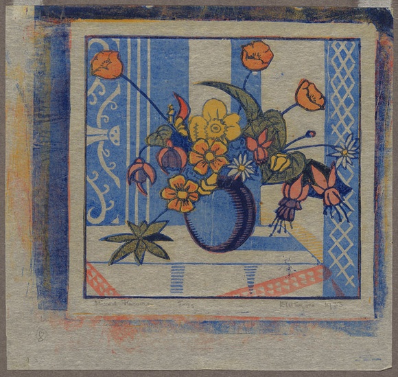 Artist: b'Syme, Eveline' | Title: b'Mixed flowers' | Date: 1933 | Technique: b'linocut, printed in colour, from four blocks (yellow ochre, vermillion, cobalt blue, ultramarine)' Artist: b'Syme, Eveline' | Title: b'Mixed flowers' | Date: 1933 | Technique: b'linocut, printed in colour, from four blocks (yellow ochre, vermillion, cobalt blue, ultramarine)'