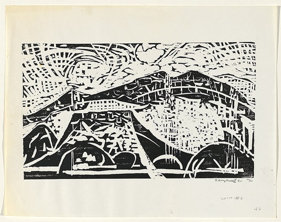 Artist: b'Grey-Smith, Guy' | Title: b'Rock face' | Date: 1975 | Technique: b'woodcut, printed in black ink, from one block' Artist: b'Grey-Smith, Guy' | Title: b'Rock face' | Date: 1975 | Technique: b'woodcut, printed in black ink, from one block'
