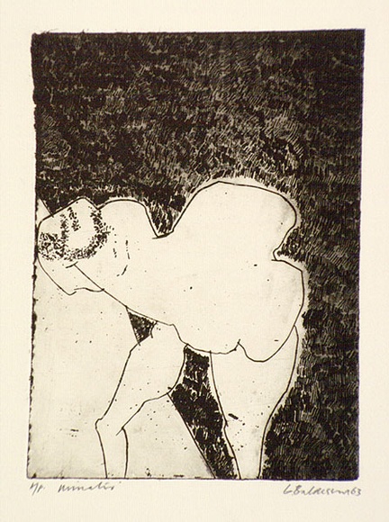 Artist: b'BALDESSIN, George' | Title: b'Minotaur.' | Date: 1963 | Technique: b'etching, printed in black ink, from one plate' Artist: b'BALDESSIN, George' | Title: b'Minotaur.' | Date: 1963 | Technique: b'etching, printed in black ink, from one plate'