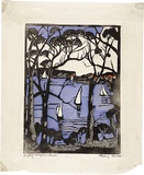 Artist: PRESTON, Margaret | Title: Mosman Bay, Sydney Harbour | Date: c.1927 | Technique: woodcut, printed in black ink, from one block; hand-coloured | Copyright: © Margaret Preston. Licensed by VISCOPY, Australia