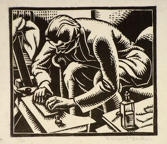 Artist: b'Hawkins, Weaver.' | Title: b'The wood-engraver' | Date: c.1927 | Technique: b'woodcut, printed in black ink, from one block' | Copyright: b'The Estate of H.F Weaver Hawkins' Artist: b'Hawkins, Weaver.' | Title: b'The wood-engraver' | Date: c.1927 | Technique: b'woodcut, printed in black ink, from one block' | Copyright: b'The Estate of H.F Weaver Hawkins'