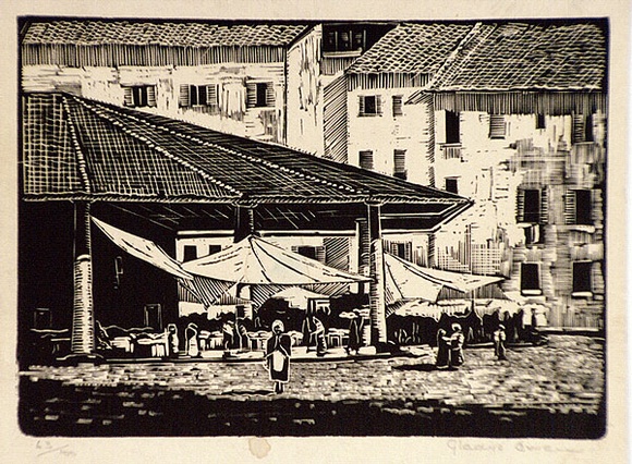 Artist: b'Owen, Gladys.' | Title: b'(Mediterranean village street market)' | Date: 1937 | Technique: b'wood-engraving, printed in black ink, from one block' | Copyright: b'\xc2\xa9 Estate of David Moore' Artist: b'Owen, Gladys.' | Title: b'(Mediterranean village street market)' | Date: 1937 | Technique: b'wood-engraving, printed in black ink, from one block' | Copyright: b'\xc2\xa9 Estate of David Moore'