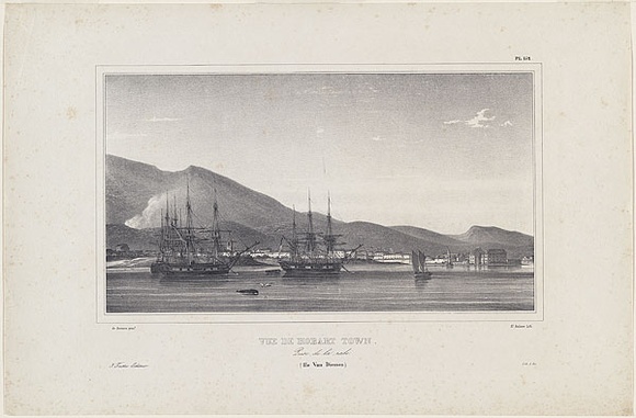 Title: b'Vue de Hobart-town. Prise de la rade. Ile Van-Diemen. (Hobart Town from the harbour)' | Date: c.1833 | Technique: b'lithograph, printed in black ink, from one stone' Title: b'Vue de Hobart-town. Prise de la rade. Ile Van-Diemen. (Hobart Town from the harbour)' | Date: c.1833 | Technique: b'lithograph, printed in black ink, from one stone'